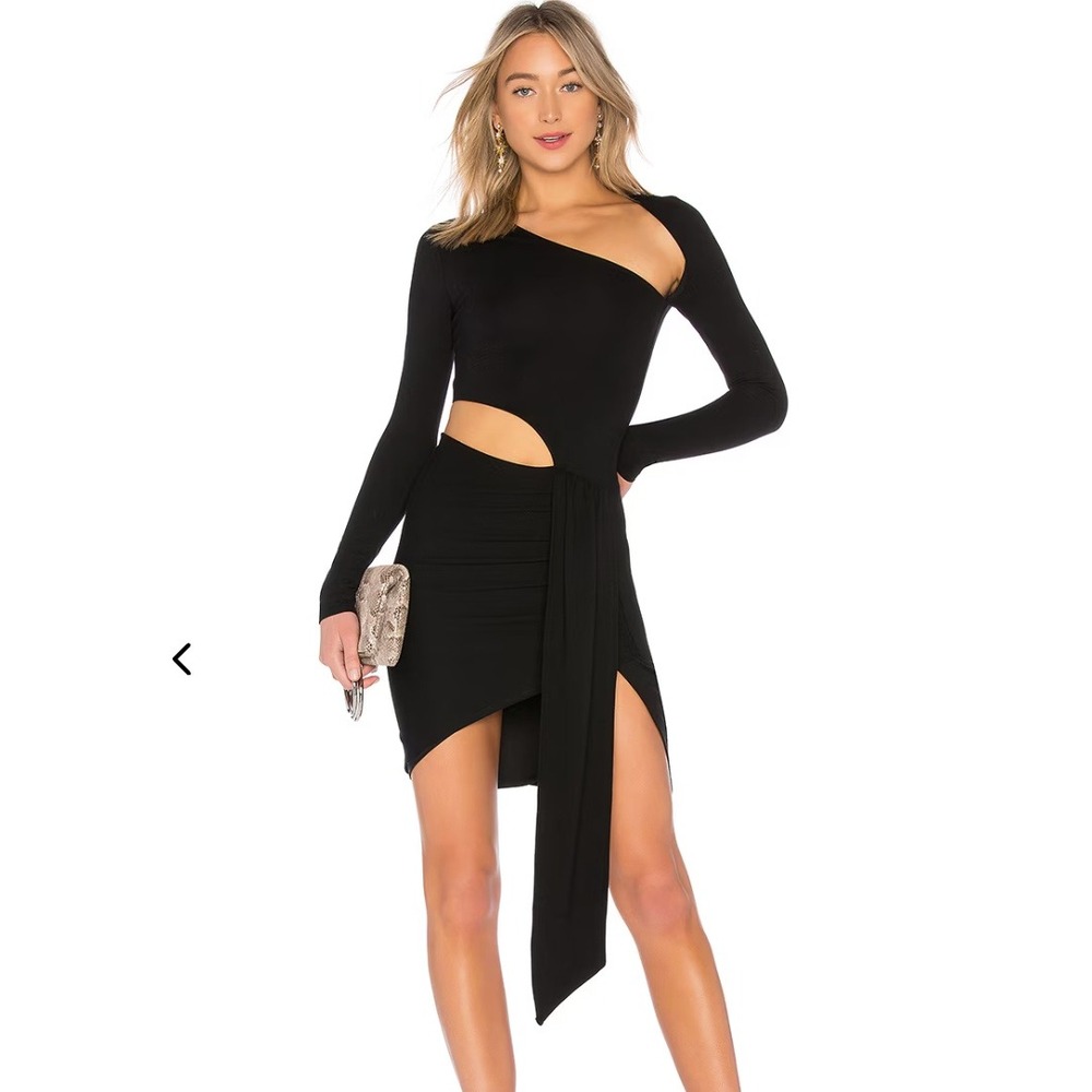 NBD One Shoulder Cutout Long Sleeve Ruched Mini Dress in Black sz M